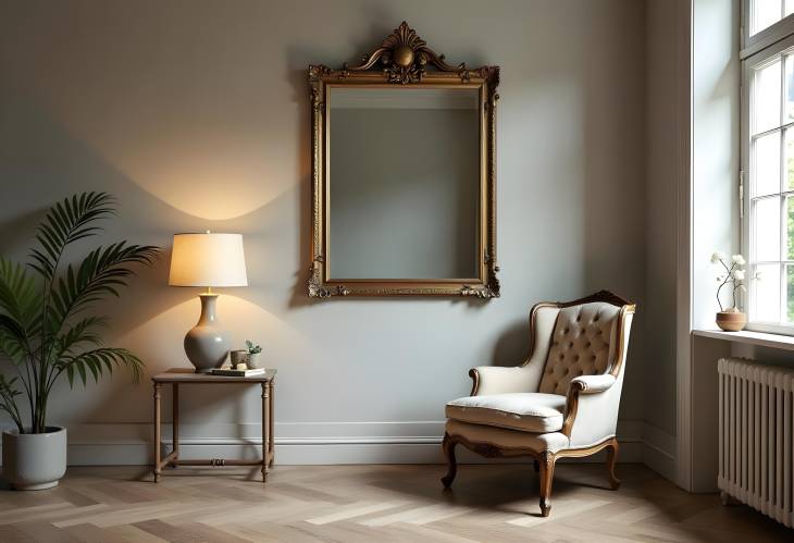 Vintage Allure Antique Mirror and Chair in a Cozy Ambiance